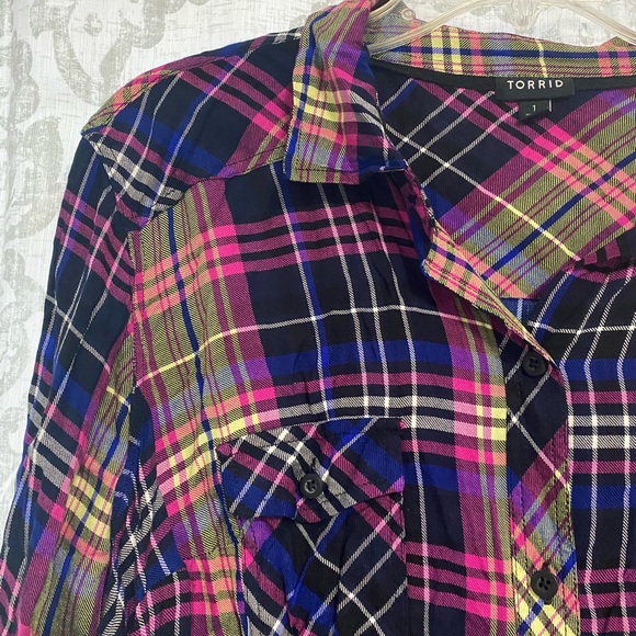Torrid Challis Button Down Long Sleeve Plaid Cowgirl Rodeo Shirt Pink Blue 1X - Picture 2 of 6